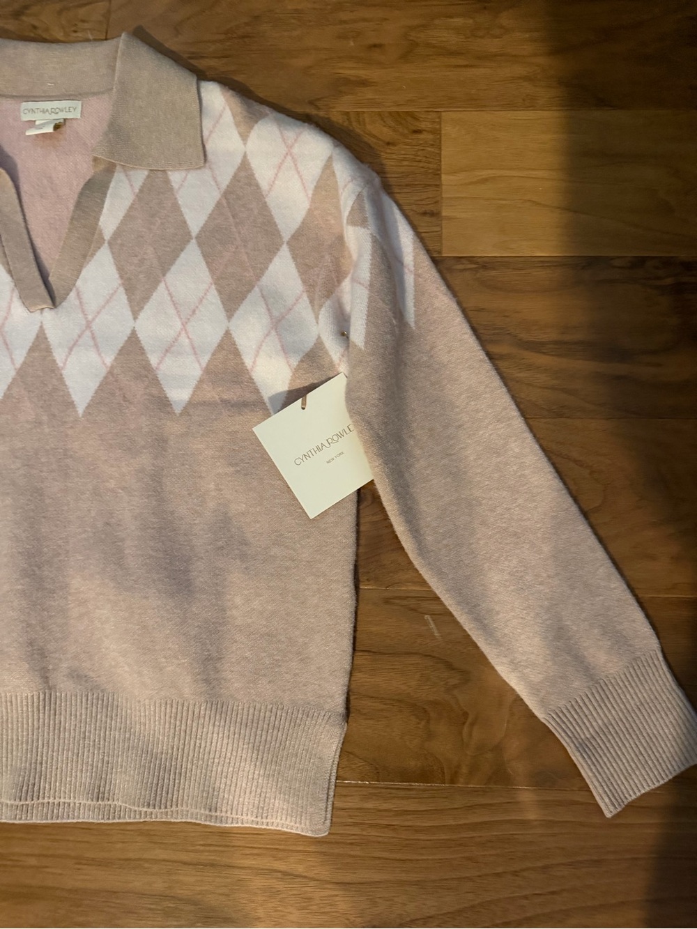 Cynthia Rowley Blush Pink Argyle V-Neck Collared Sweater